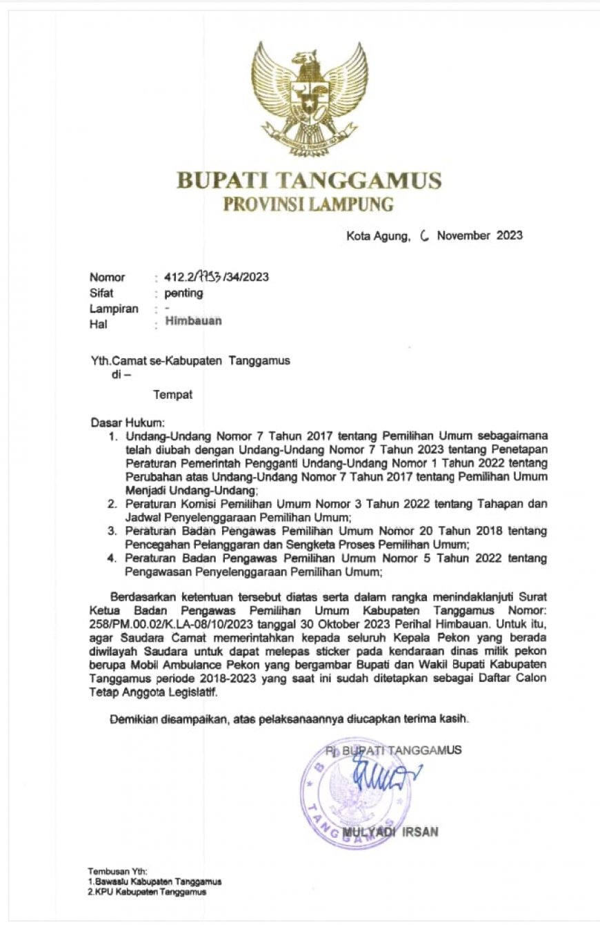 Tindak Lanjuti Surat Bawaslu, Pj Bupati Tanggamus Terbitkan Himbauan Kepada Kepala Pekon dan Camat se-Kabupaten Tanggamus Agar Melepas Gambar Bupati dan Wakil Bupati